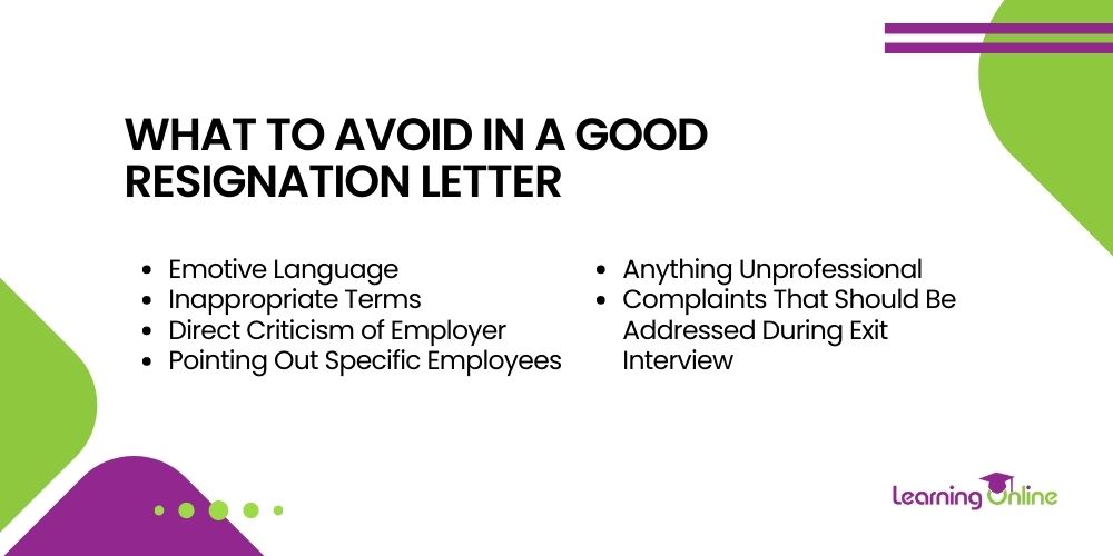 What to avoid in a good resignation letter infographic